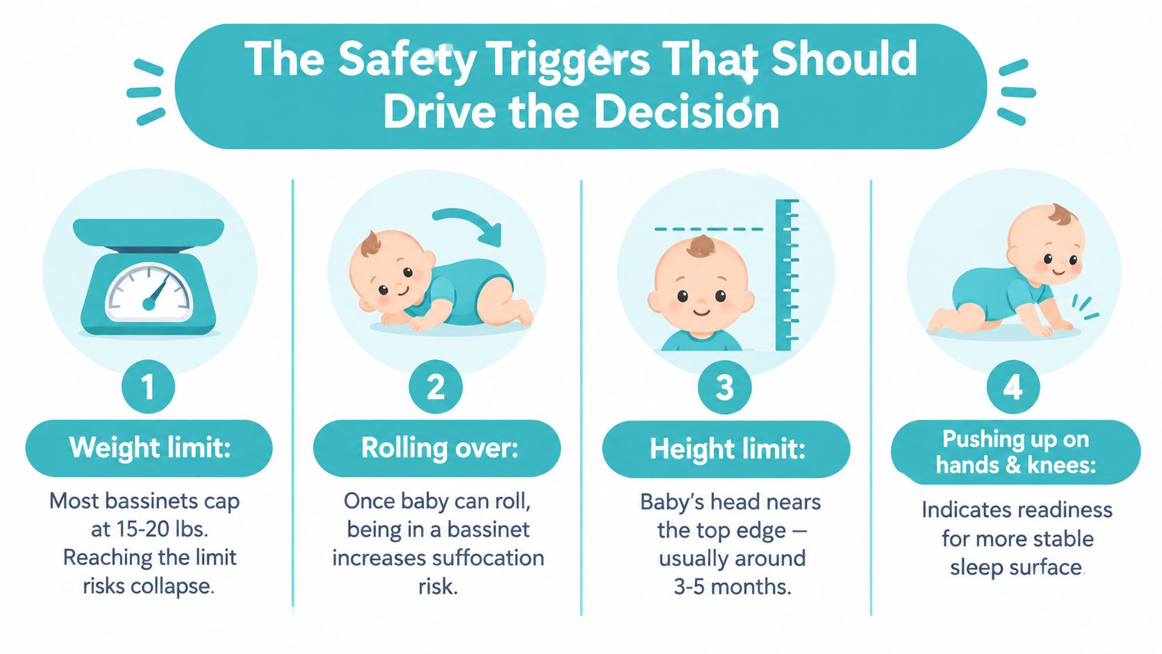 Infographic of four bassinet-to-crib safety signs: manufacturer limits, rolling, pushing up, and product-fit concerns