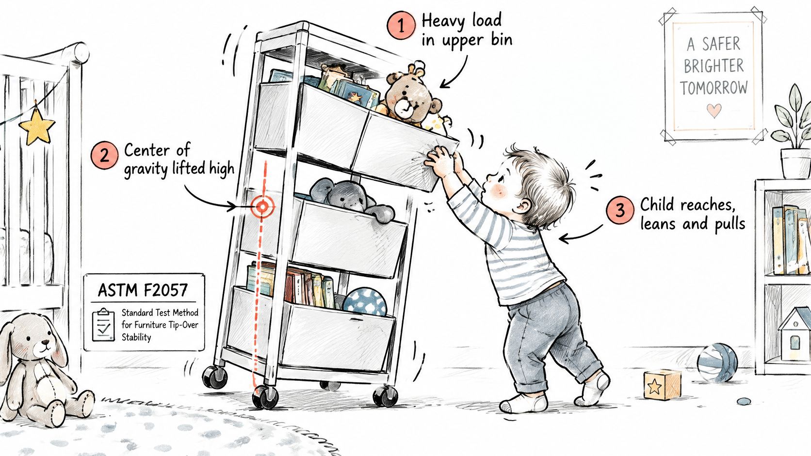 A safety illustration showing how a nursery storage cart can tip over when a child pulls it.