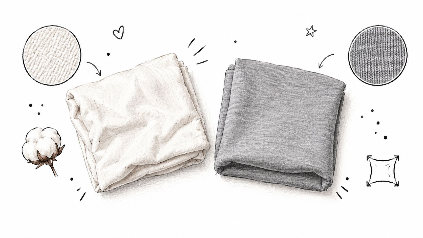 A hand-drawn illustration showing white cotton fabric beside a gray stretchy fabric with icons for material quality.