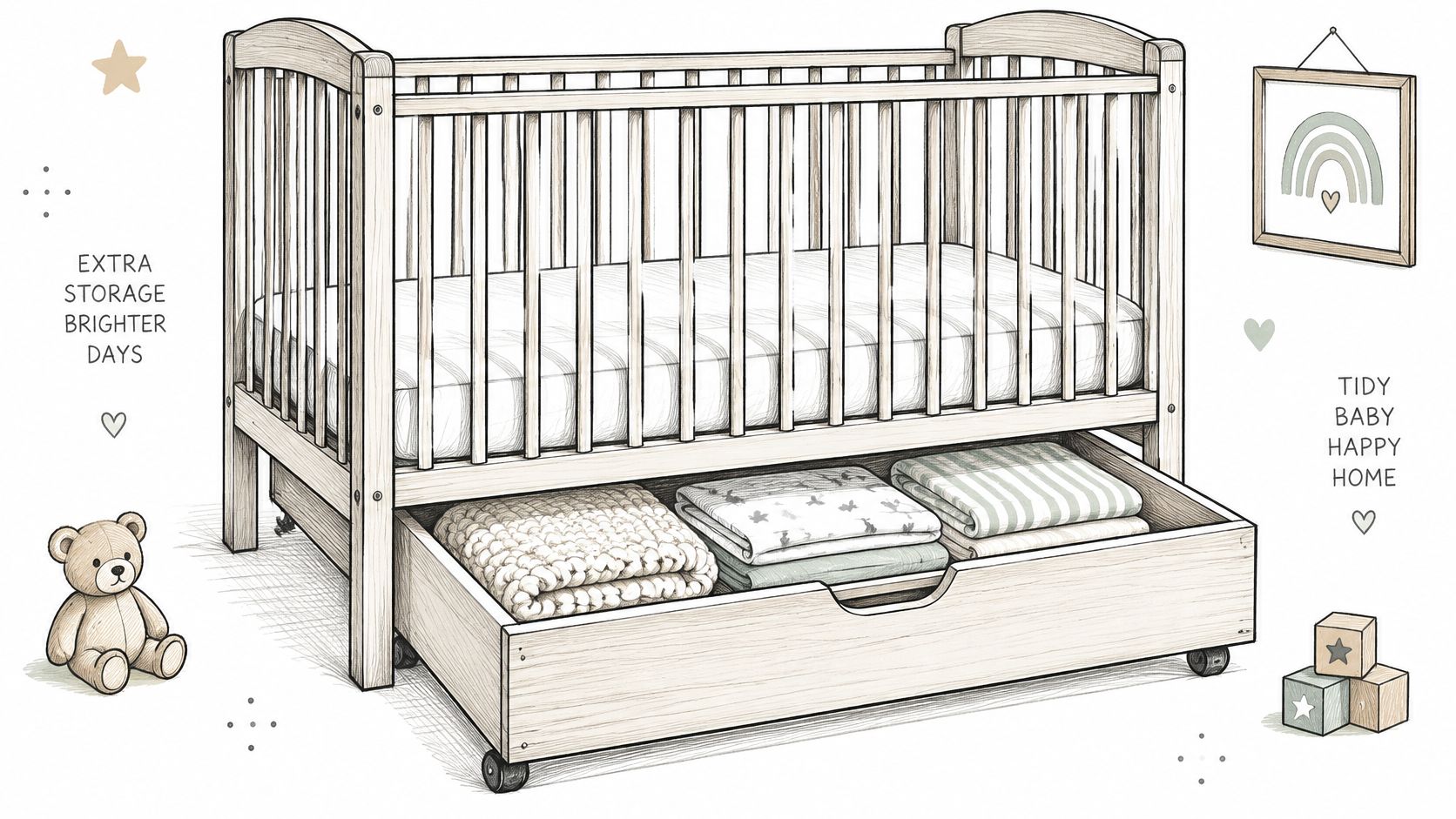 A wooden baby crib with a convenient storage drawer underneath holding folded bedding.
