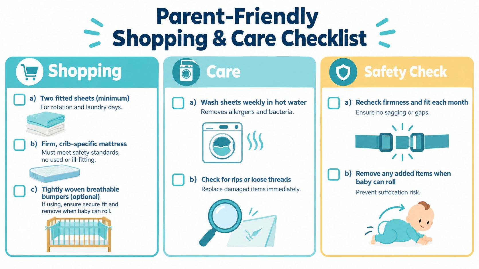 A checklist for parents detailing shopping, cleaning, and safety tips for baby crib bedding essentials.