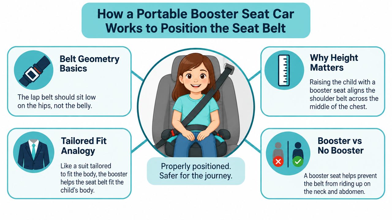 An infographic illustrating how a portable booster seat properly positions a seat belt across a child's body.
