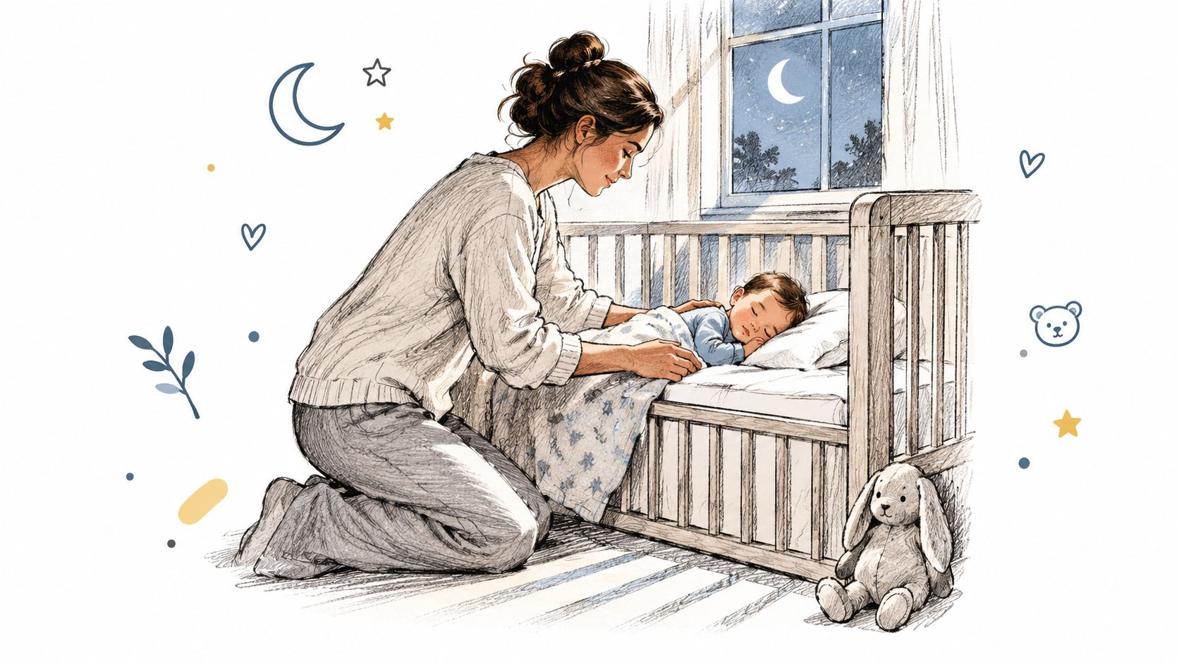 A nurturing mother gently tucks her sleeping baby into a crib during a quiet, peaceful night.