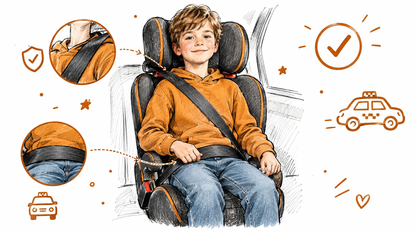 Sketch-style illustration of a smiling boy in a high-back booster seat in a car, with close-ups showing the shoulder belt across his shoulder and chest and the lap belt low across his lap, alongside taxi icons and a checkmark.