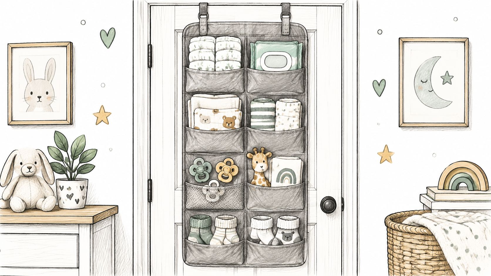 A charming nursery door organizer holding baby supplies like diapers, toys, and clothes in a cozy room.