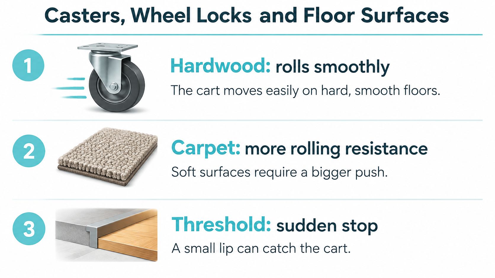 An infographic illustrating how different floor surfaces like hardwood, carpet, and thresholds affect cart caster movement.