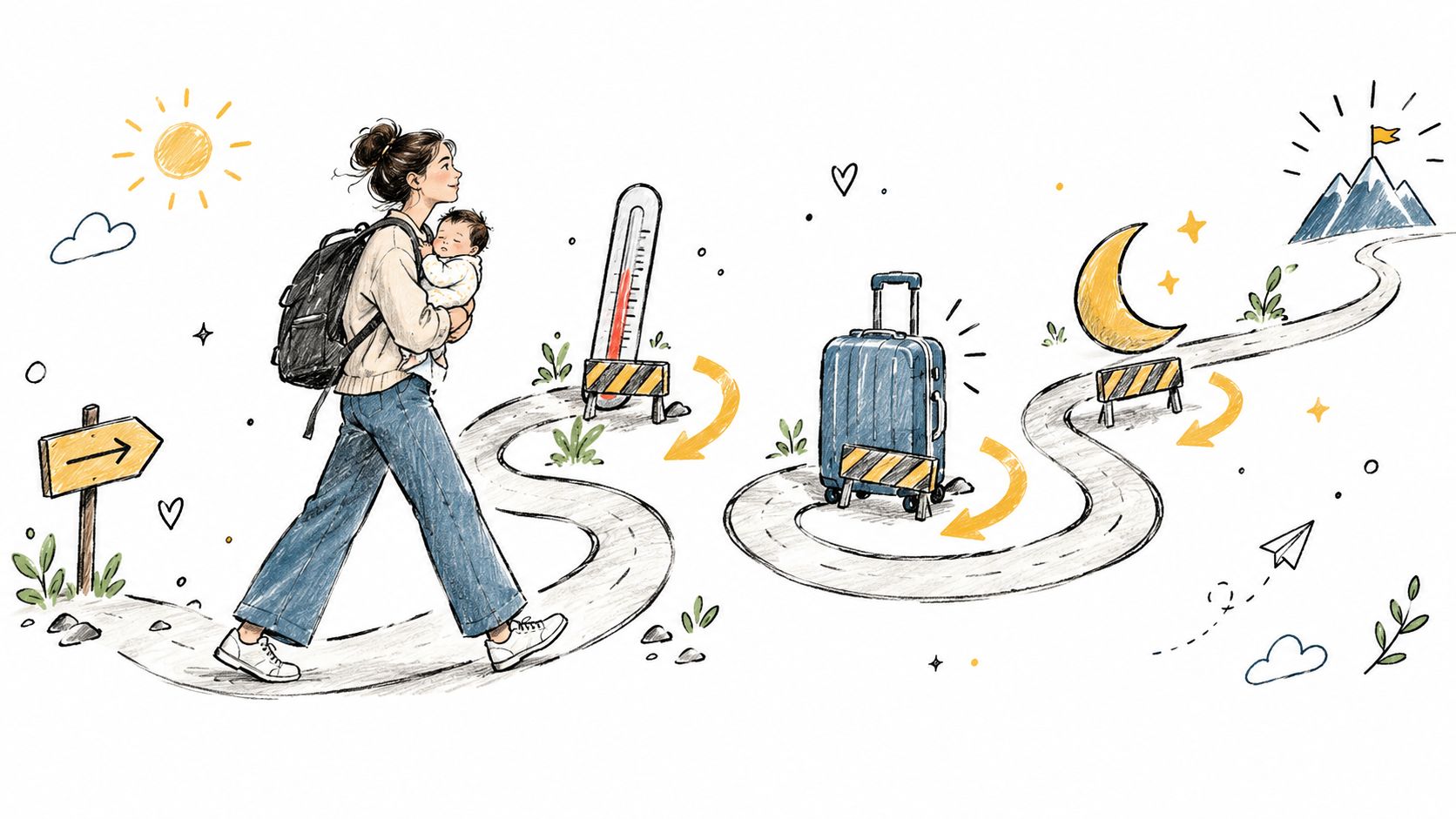 A mother carrying a baby on a winding road representing a challenging journey toward a distant goal.