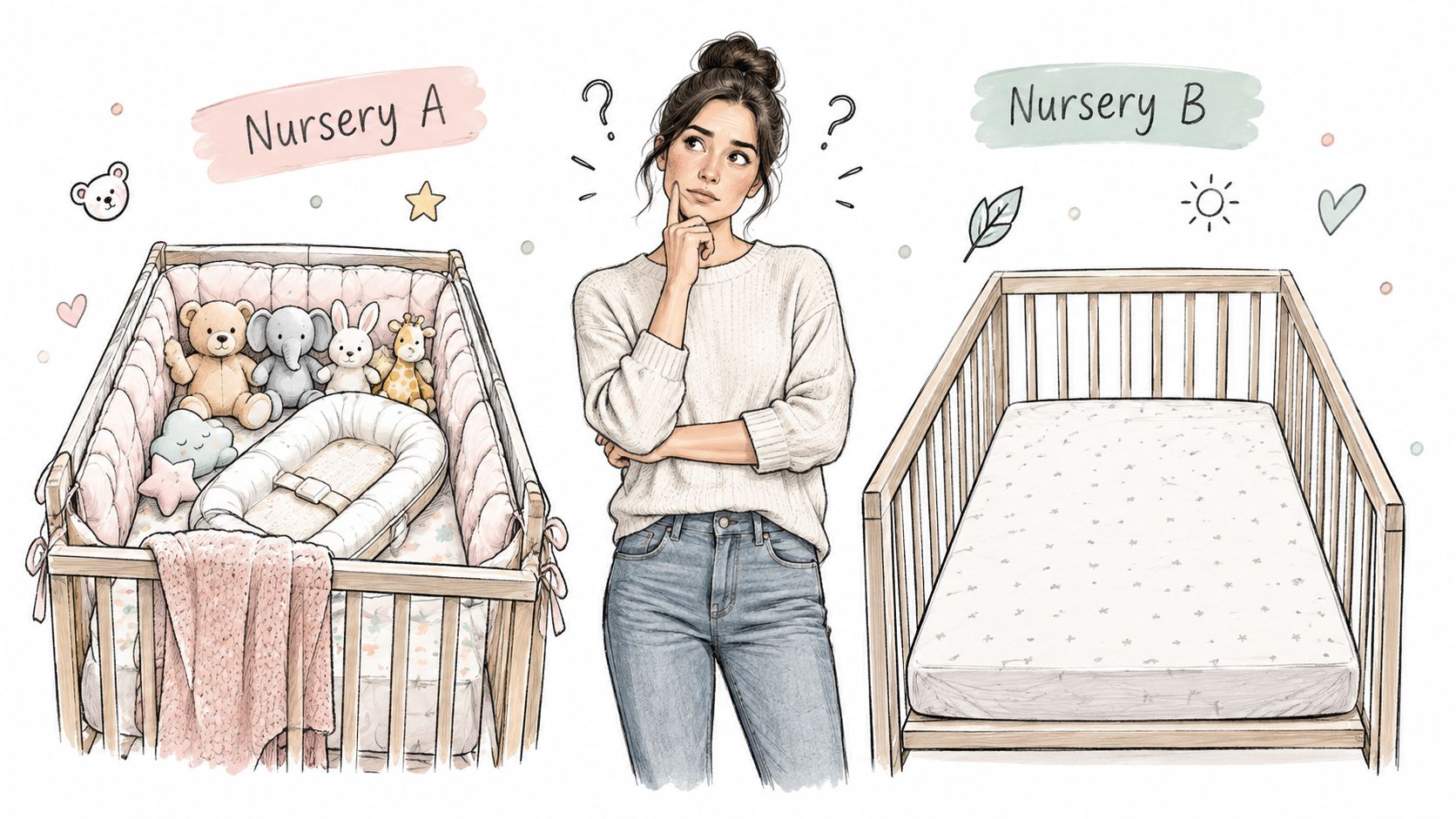 A woman deciding between a cluttered baby crib with soft accessories and a safe, empty crib.