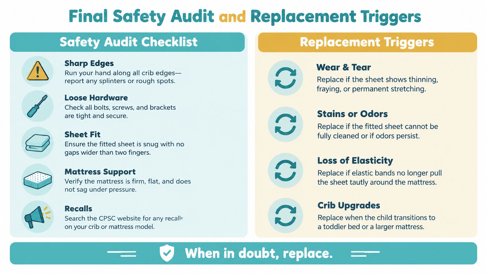 A safety audit checklist and replacement triggers infographic for cribs, mattresses, and fitted sheets for parents.