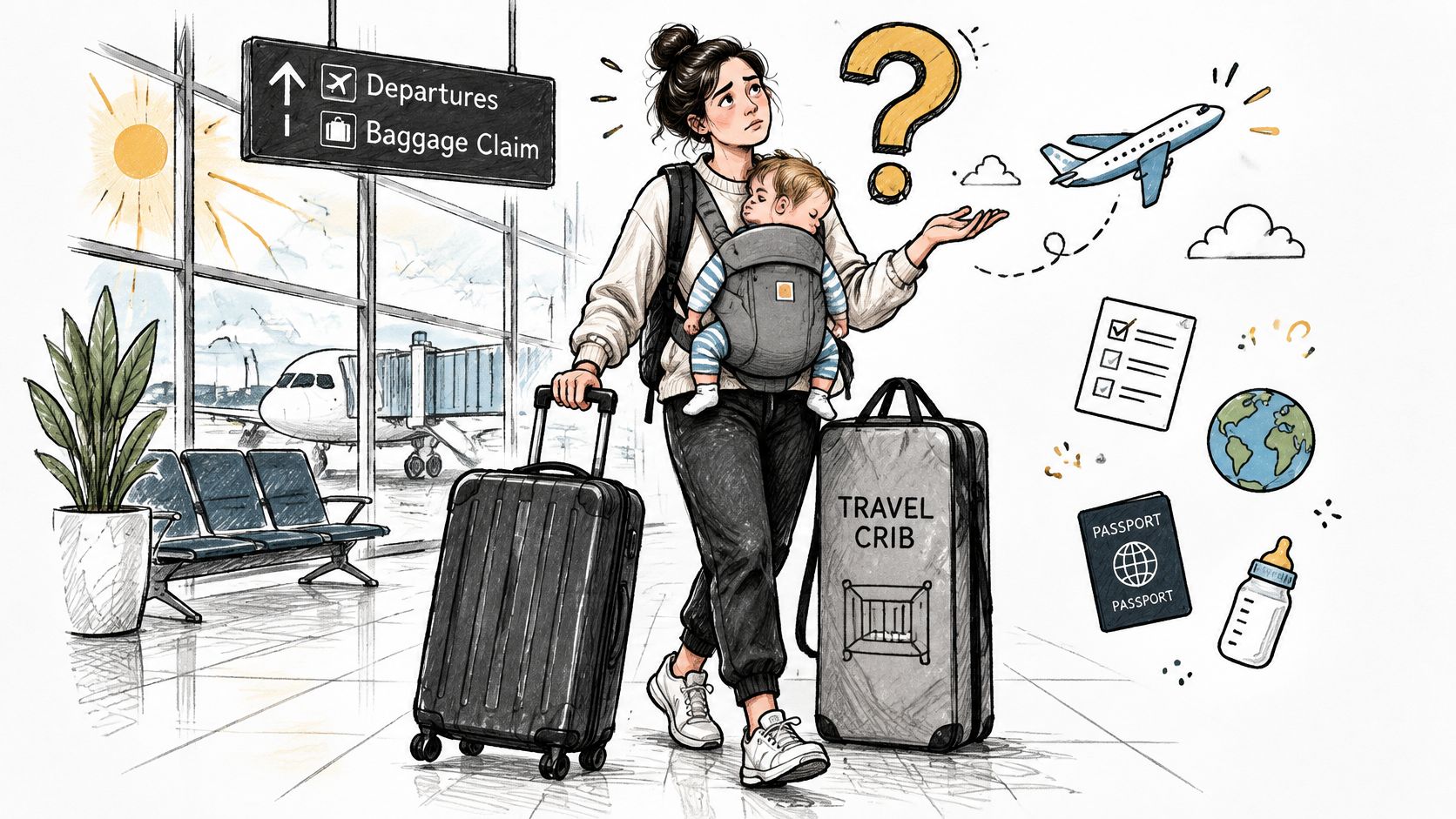 A mother carrying her baby in a carrier and pushing luggage through an airport terminal while traveling.