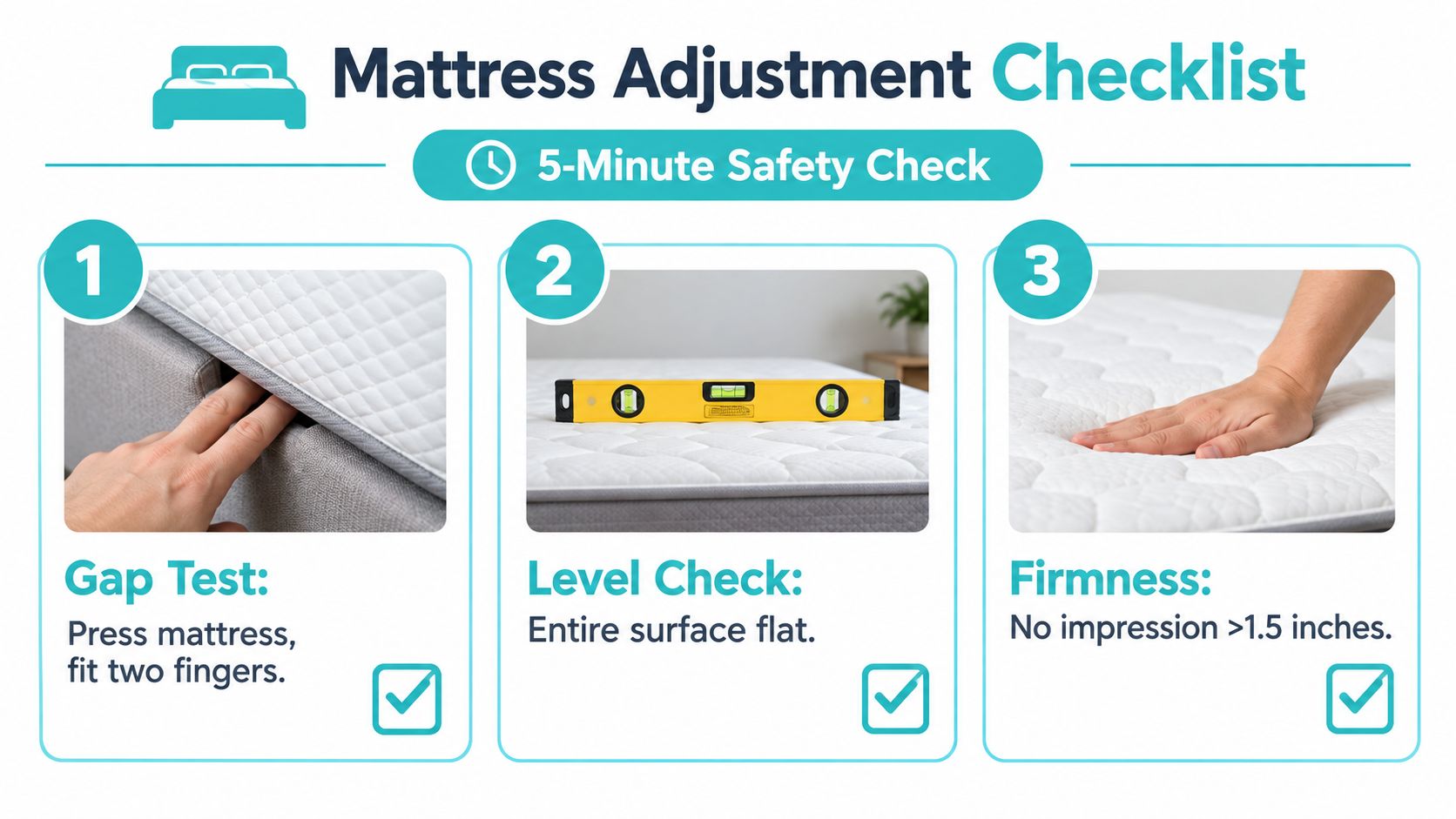 A safety checklist illustration showing steps to check a mattress for gaps, levelness, and proper firmness levels.