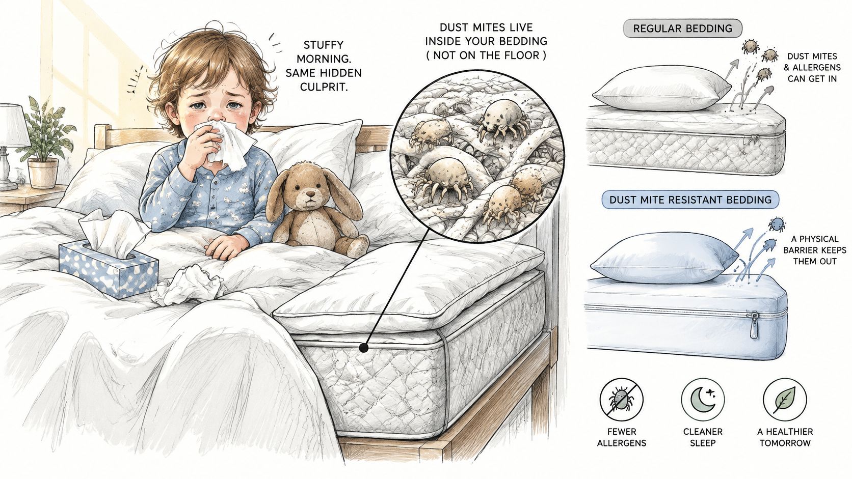 A child sitting in bed with allergies while an illustration explains how dust mites inhabit regular bedding.