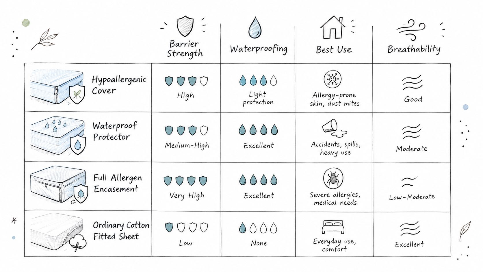 A comparison chart outlining the features, barrier strength, waterproofing, and breathability of four mattress protectors and covers.