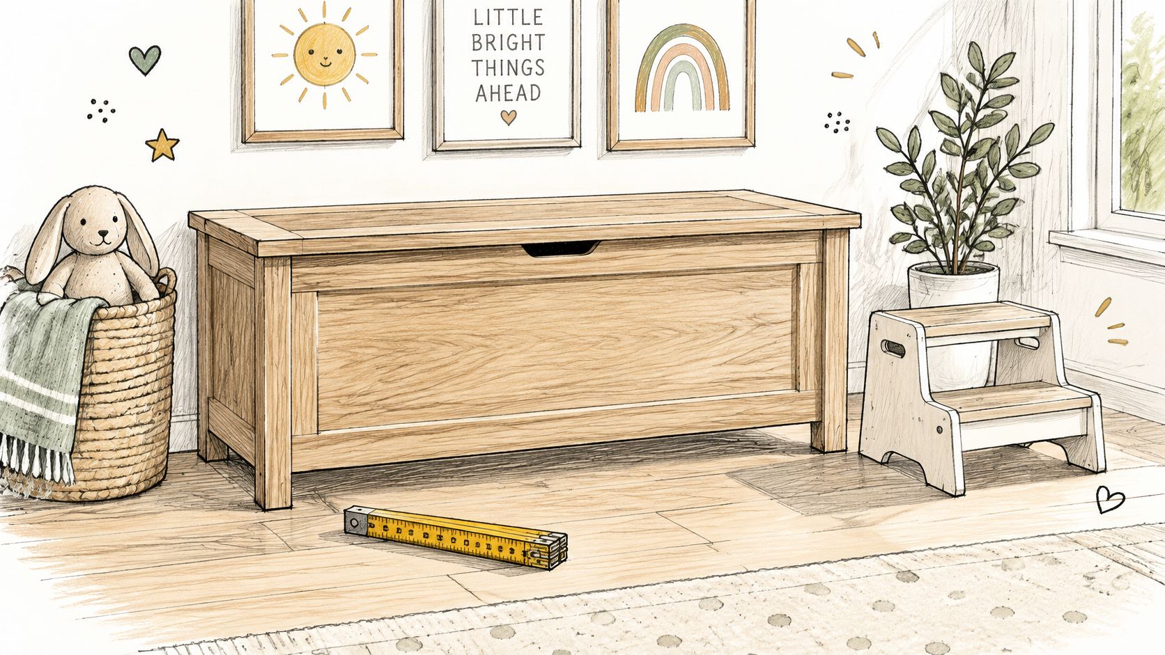 A wooden nursery storage bench sitting on a wooden floor in a cozy, illustrated children's room.