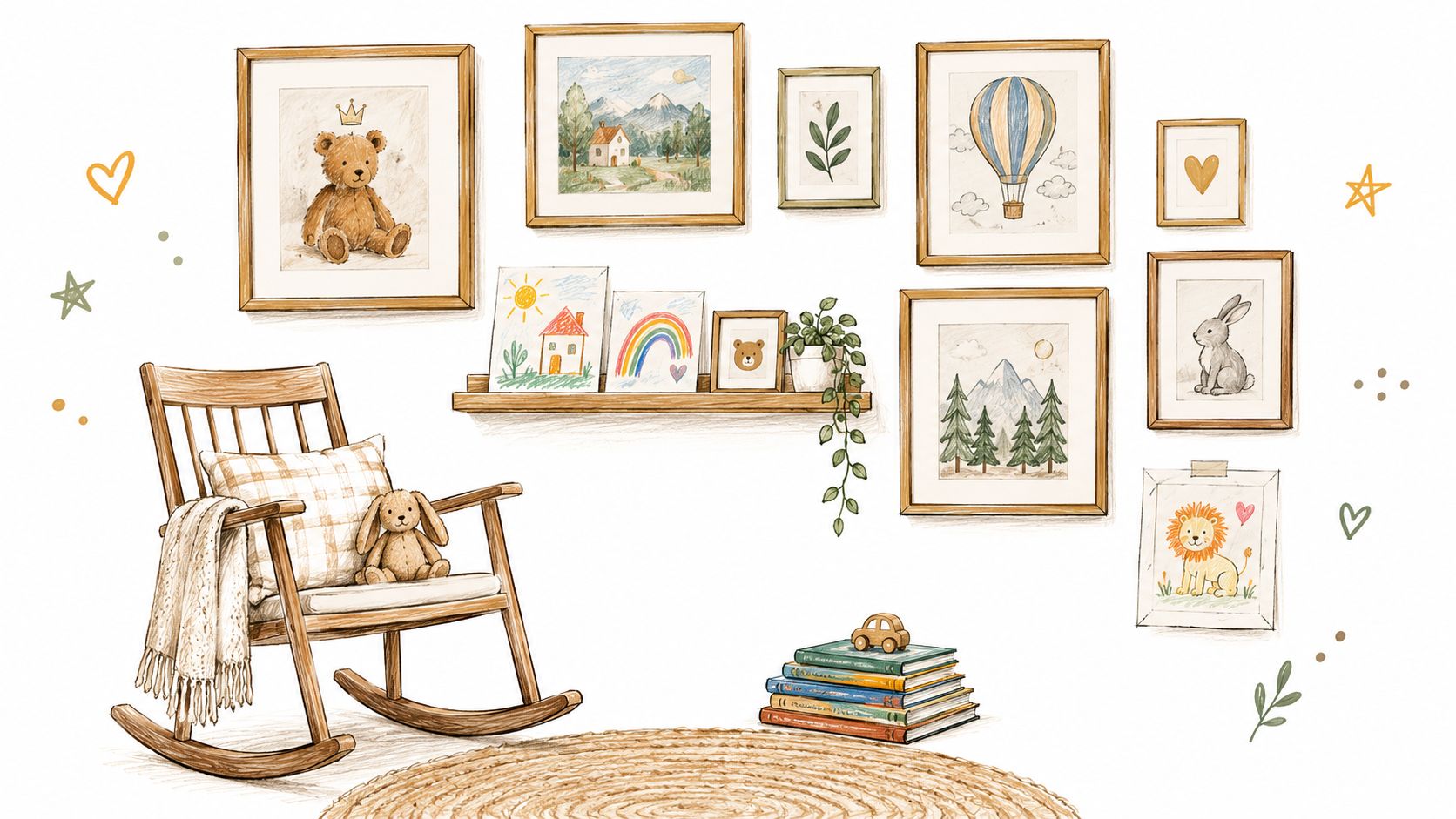 A cozy nursery corner featuring a wooden rocking chair, framed wall art, and books on a rug.