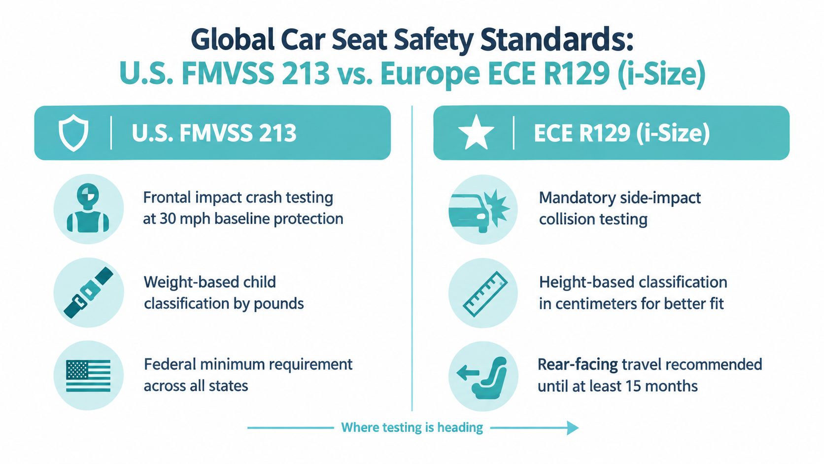 A comparison infographic between US FMVSS 213 and Europe ECE R129 i-Size car seat safety standards.