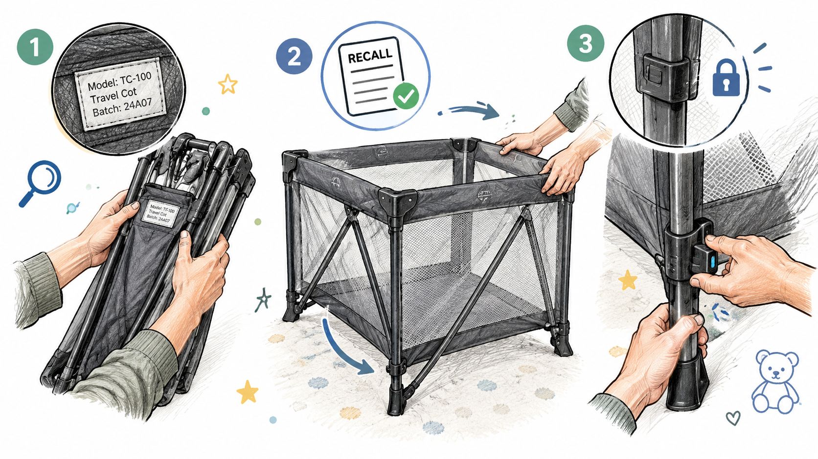 Three-step sketch: reading the model label on a folded travel cot, checking it for recalls, and pressing a rail lock until it's fully secure.