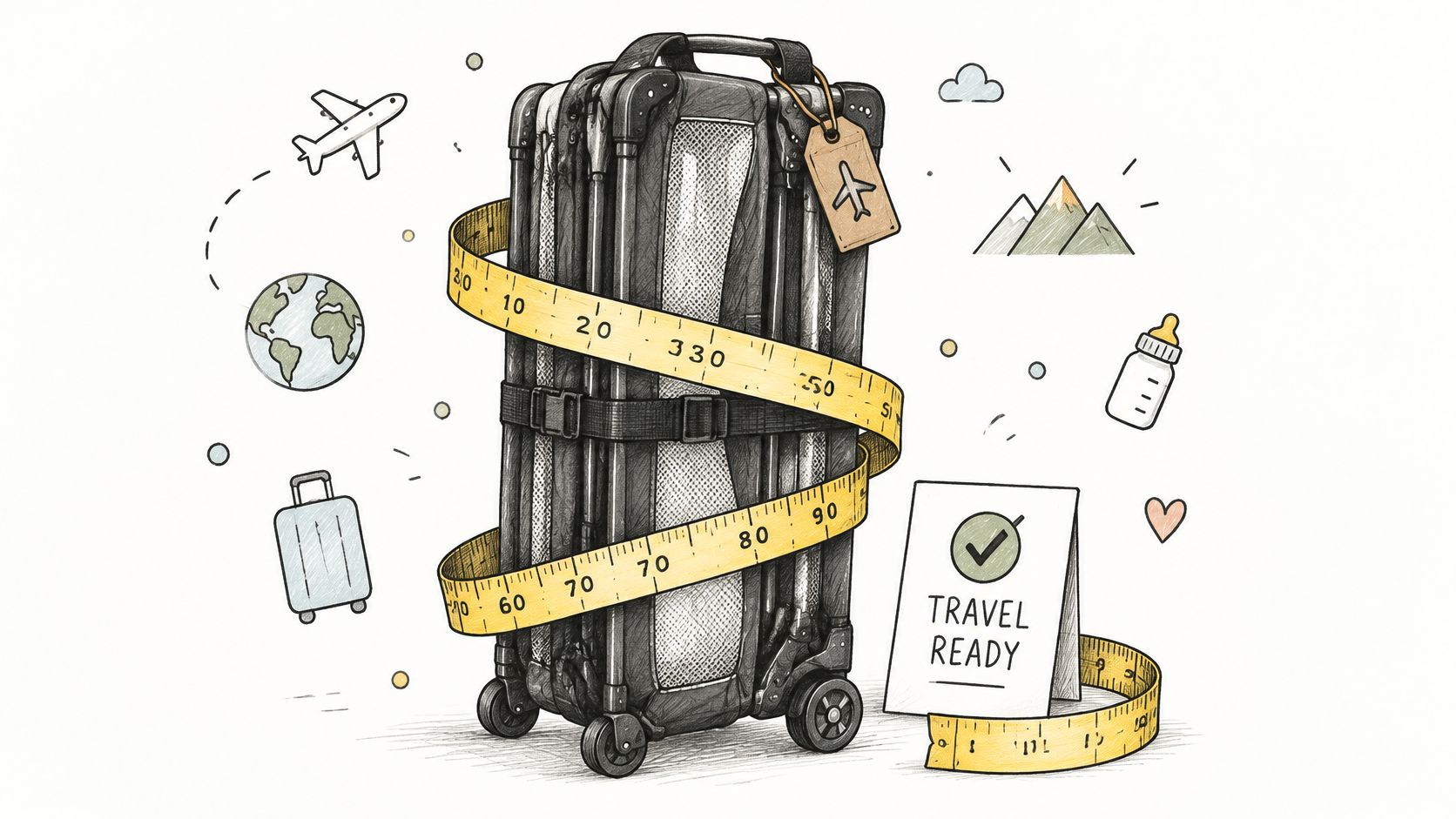 A travel crib being measured with a yellow tape measure, representing compact luggage for family air travel.