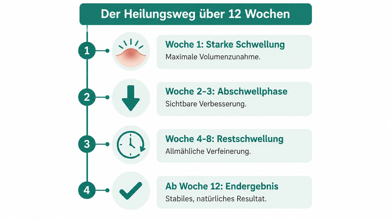 Grafik zeigt den 12-wöchigen Heilungsprozess nach einer Fettabsaugung in vier klaren, aufeinanderfolgenden medizinischen Phasen.