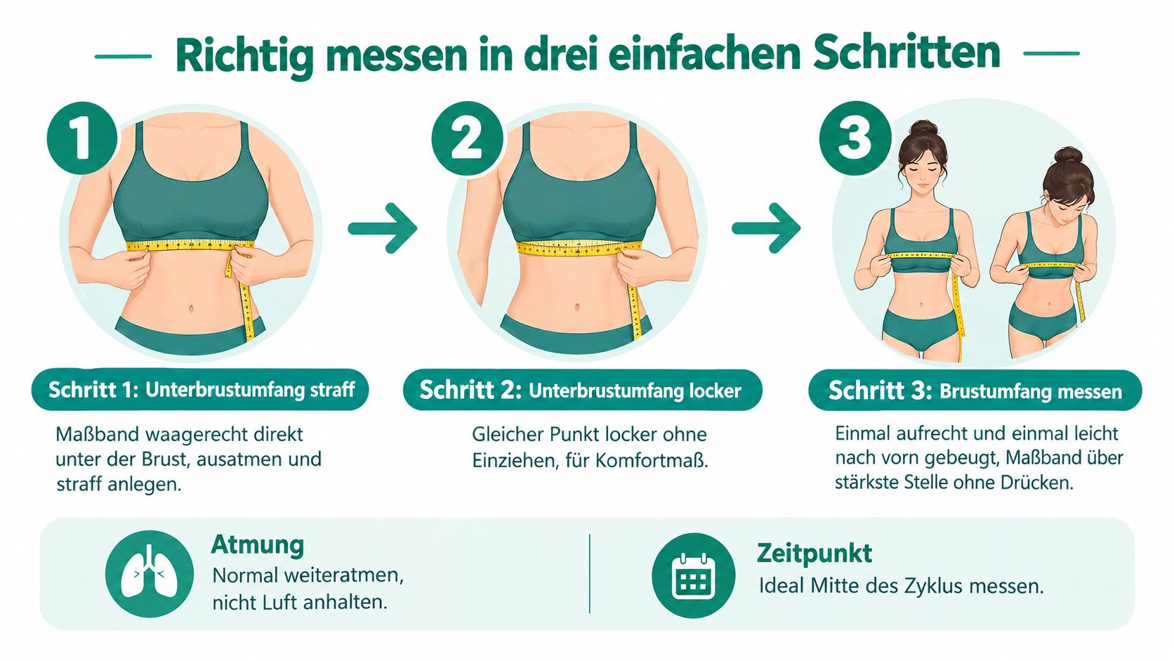 Eine Anleitung in drei Schritten zum richtigen Messen der Brustgröße mit einem Maßband für optimalen BH-Sitz.