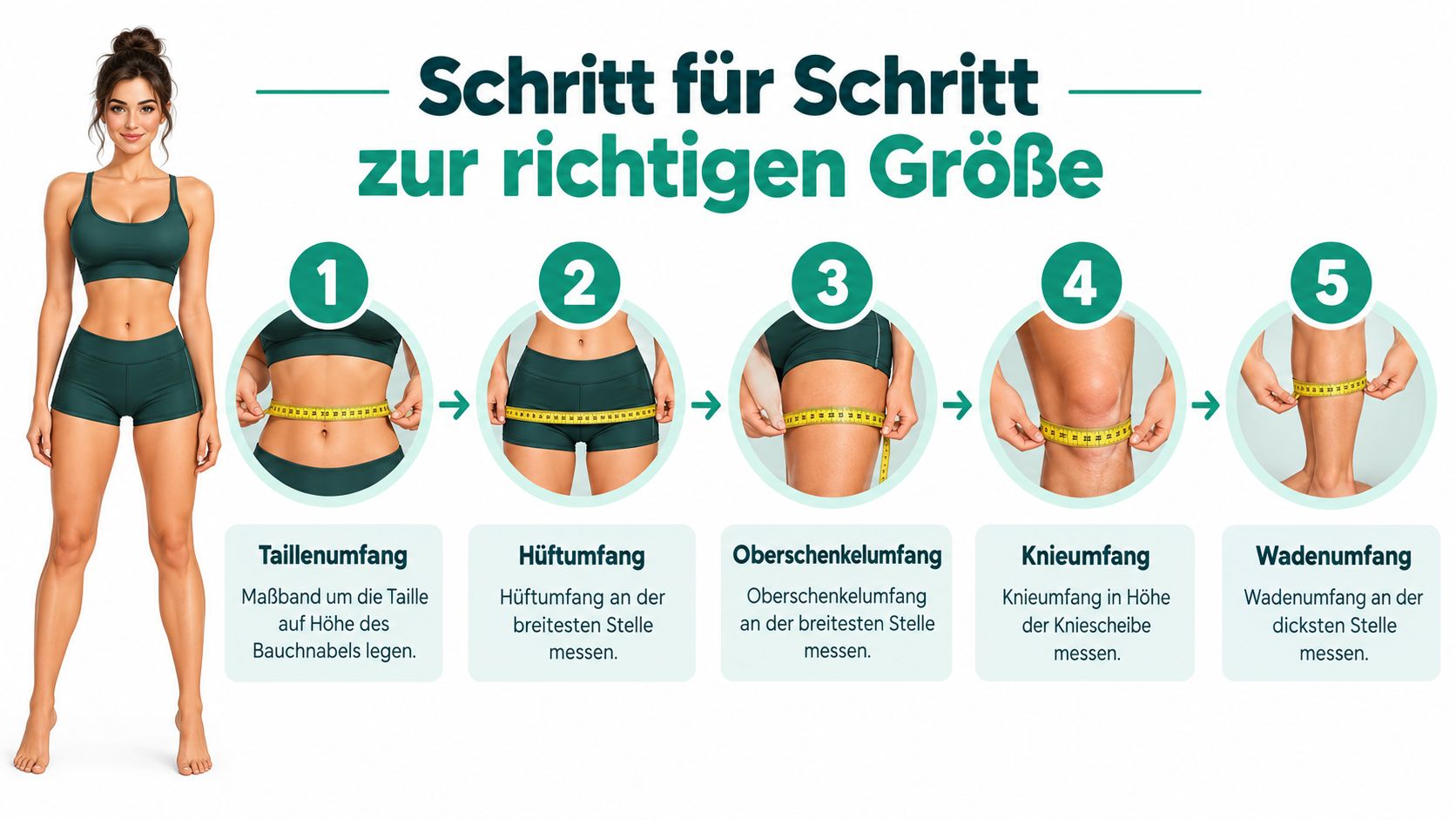 Anleitung zur richtigen Größenbestimmung für Kompressionskleidung durch Messung von Taille, Hüfte, Oberschenkel, Knie und Wade.