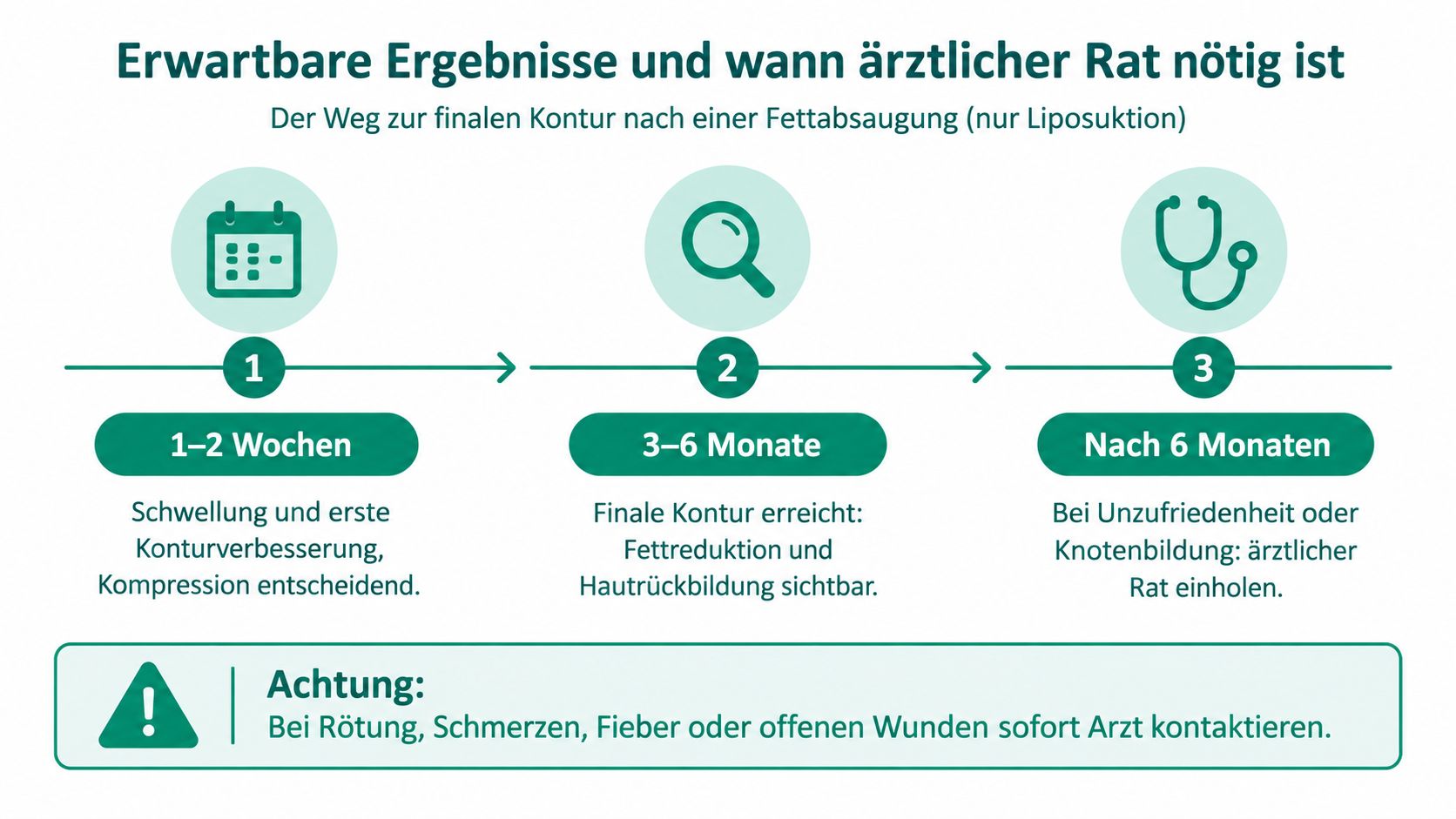 Infografik zum zeitlichen Ablauf der Heilung und Konturbildung nach einer operativen Fettabsaugung bei Männern.