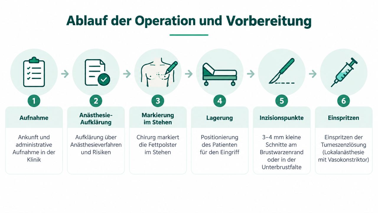 Grafik zeigt den sechsschrittigen Ablauf der Vorbereitung und Operation zur Fettabsaugung an der männlichen Brust.