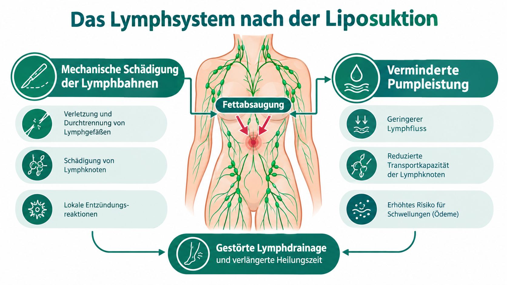 Infografik zur Auswirkung einer Fettabsaugung auf das menschliche Lymphsystem und die daraus resultierenden Komplikationen.