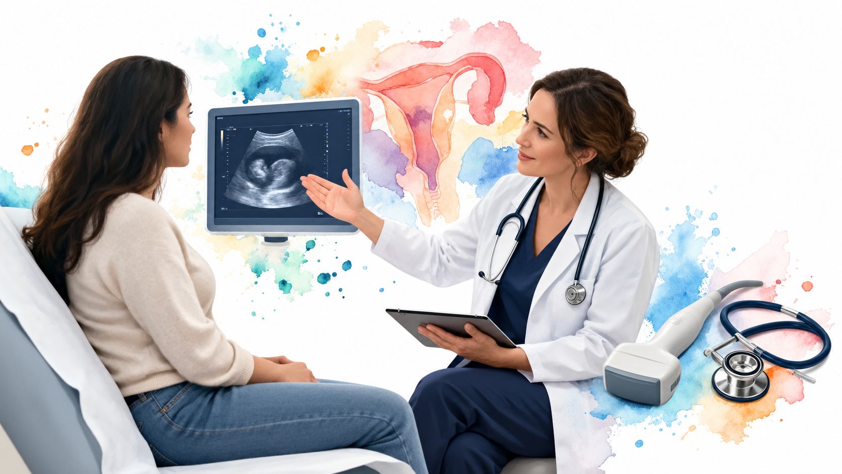 Eine Ärztin bespricht mit einer Patientin ein Ultraschallbild, während eine künstlerische Darstellung der Gebärmutter im Hintergrund zu sehen ist.