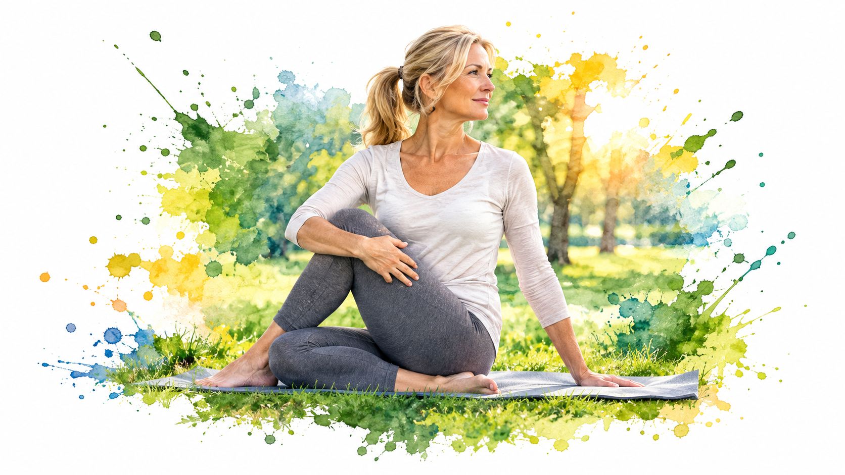 Eine reife Frau führt eine sanfte Dehnübung auf einer Yogamatte in einem sonnigen Park aus, im Stil einer fotorealistischen Aquarellmalerei.