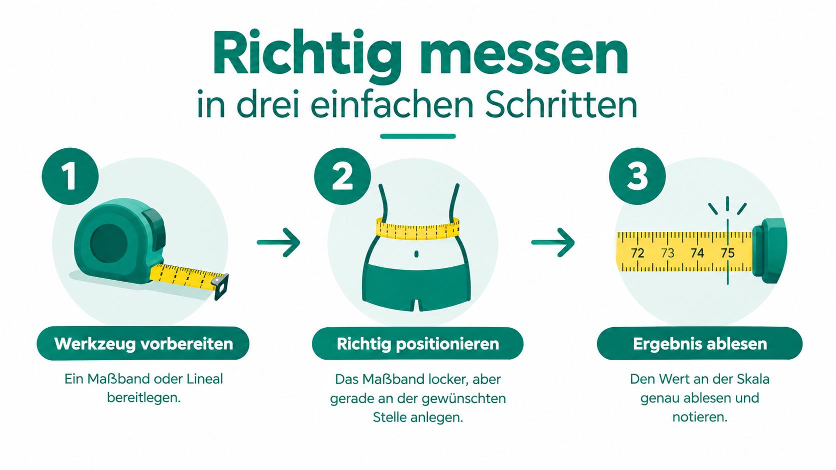 Eine dreistufige Anleitung zur richtigen Körpervermessung mit einem Maßband für die Bestimmung der passenden Kleidergröße.