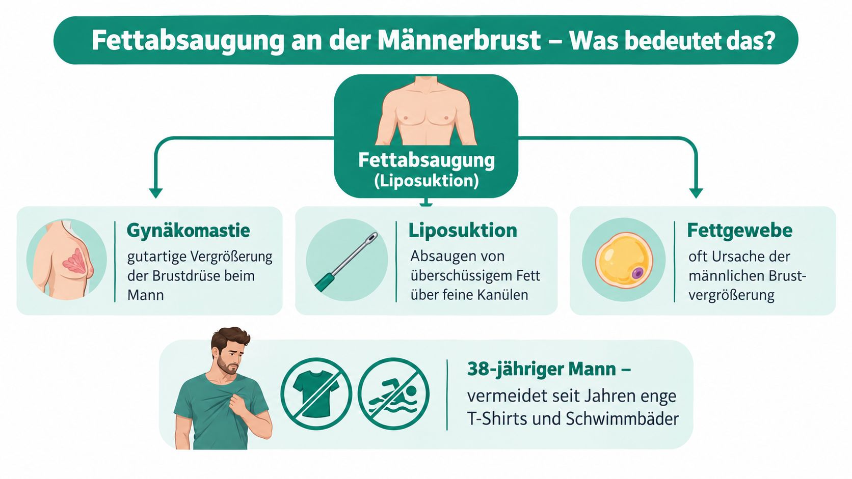 Infografik zur Fettabsaugung an der Männerbrust, die Gynäkomastie, Liposuktion und Fettgewebe bei Männern anschaulich erklärt.