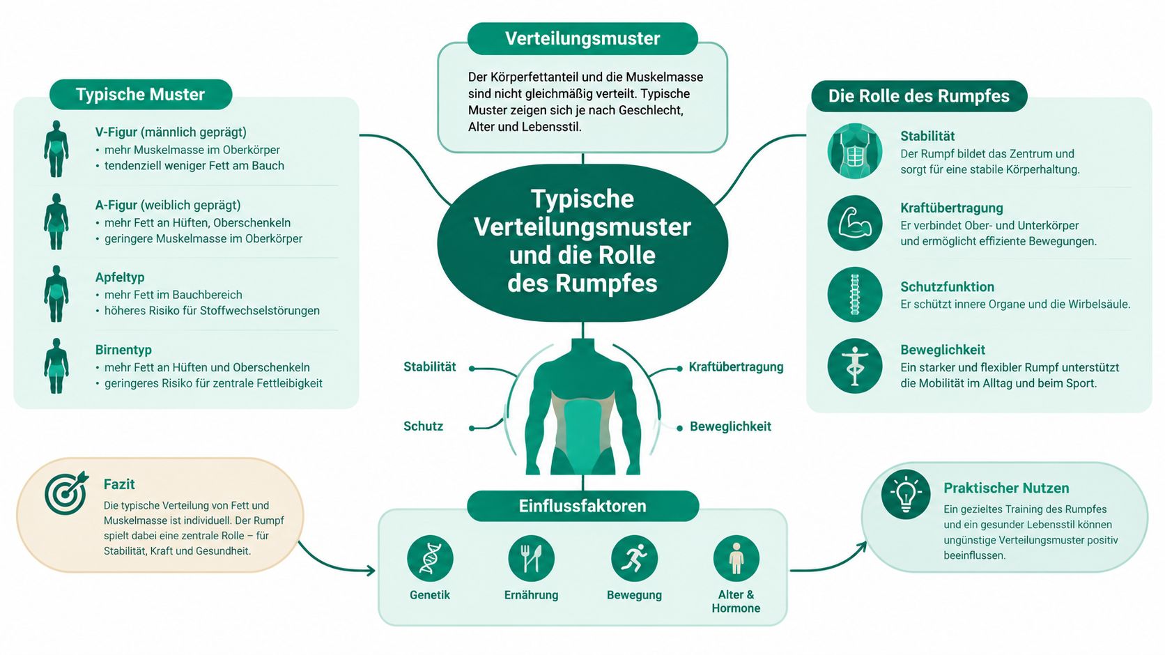 Infografik über typische Verteilungsmuster von Körperfett und Muskelmasse sowie die zentrale Rolle des menschlichen Rumpfes.