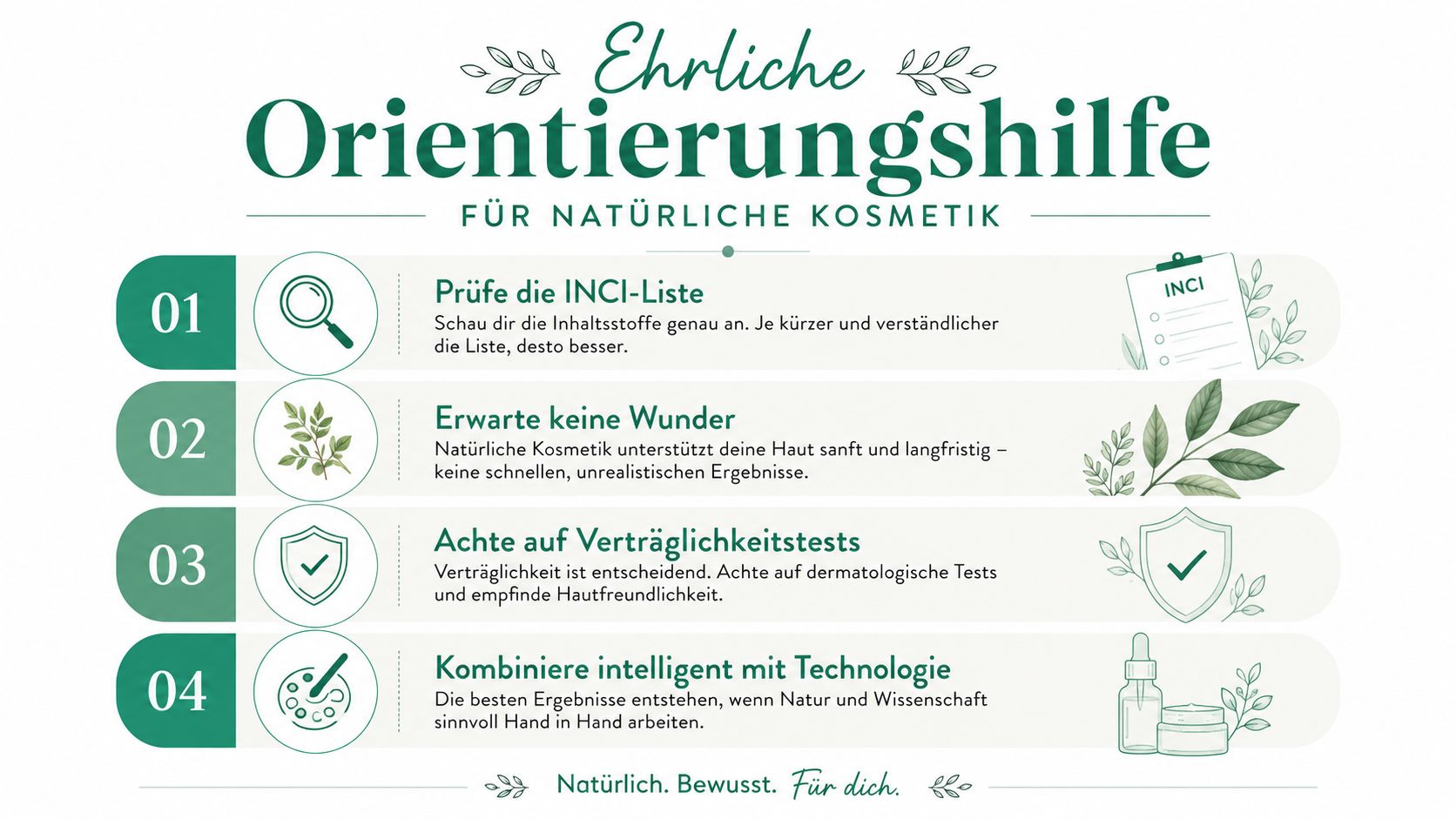 Eine informative Infografik mit vier Schritten für den bewussten und informierten Umgang mit natürlicher Kosmetik.