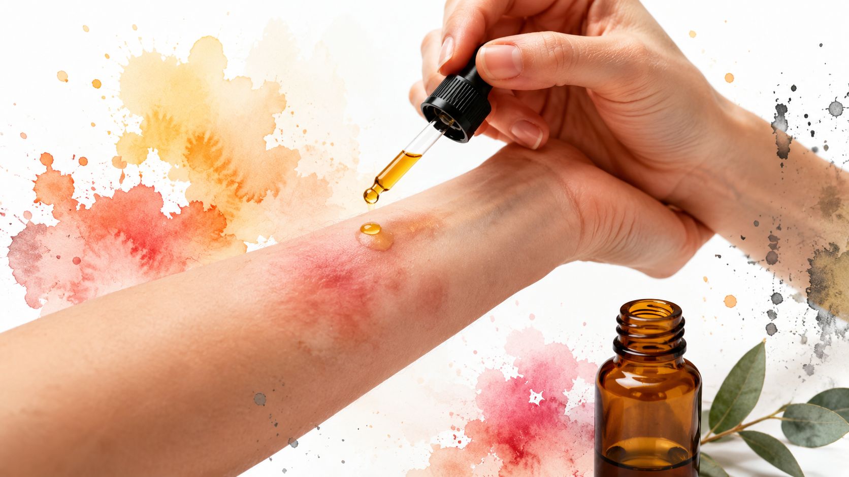 Eine Hand trägt mit einer Pipette ein natürliches Öl auf die gerötete und gereizte Haut eines Arms auf.
