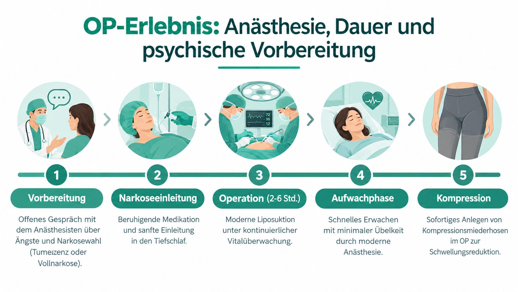 Eine Infografik zeigt den fünfstufigen Ablauf einer Liposuktion, von der Vorbereitung bis zur postoperativen Kompressionstherapie bei Lipödem-Patienten.
