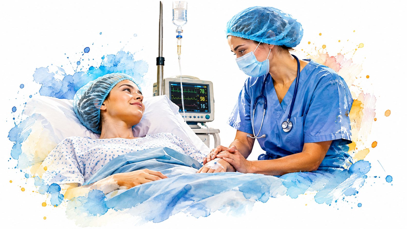 Eine Krankenschwester betreut eine glückliche Patientin, die nach einem medizinischen Eingriff in einem Krankenhausbett liegt.