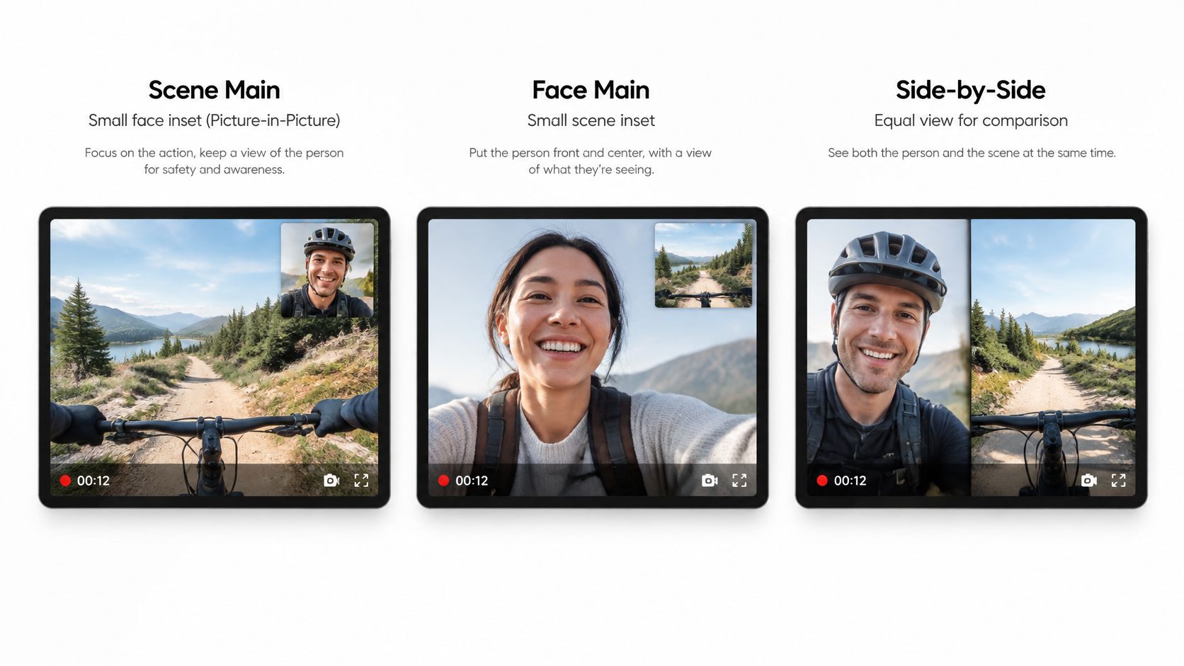 A digital display showing three different screen layouts for recording with dual camera video features.
