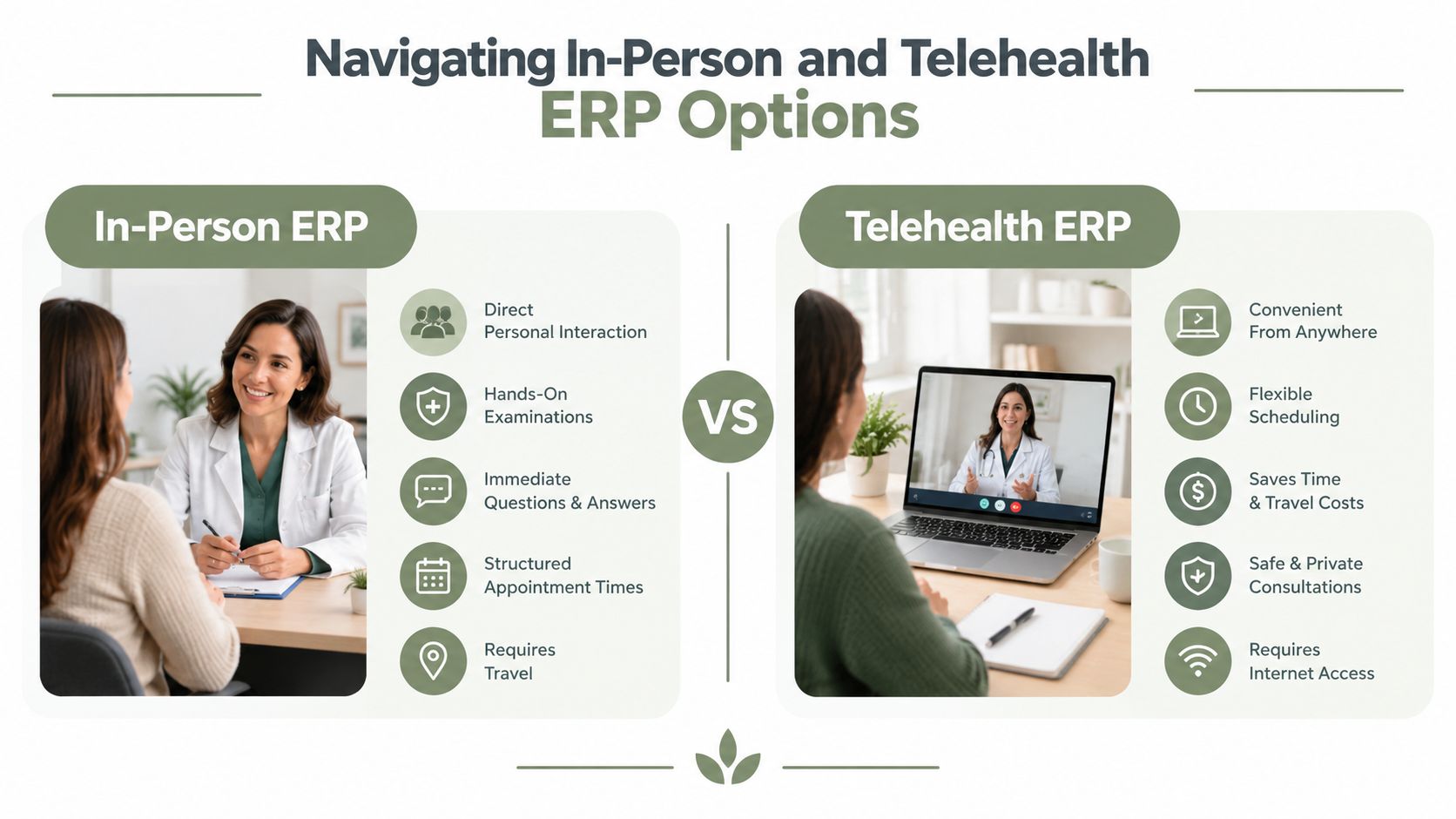 A comparison chart highlighting the benefits and requirements of in-person versus telehealth therapy sessions for patients.