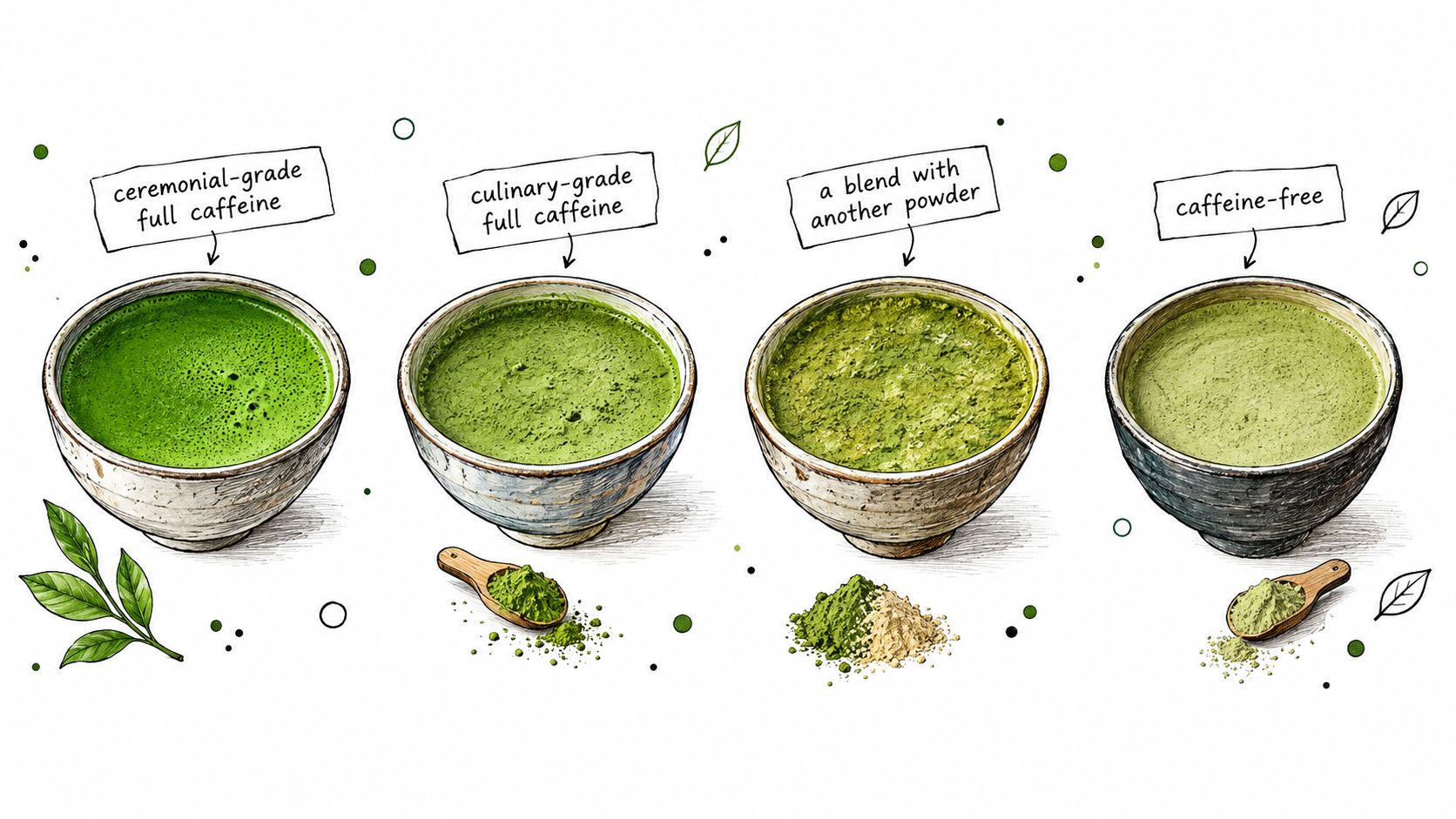 A hand-drawn illustration showing four bowls of various matcha tea powders including ceremonial, culinary, blended, and caffeine-free options.