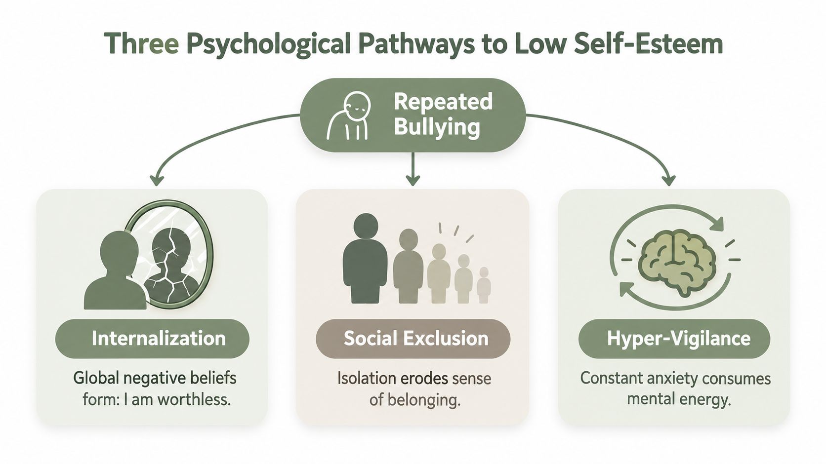 An infographic illustrating three psychological pathways to low self-esteem caused by repeated bullying: internalization, social exclusion, and hyper-vigilance.
