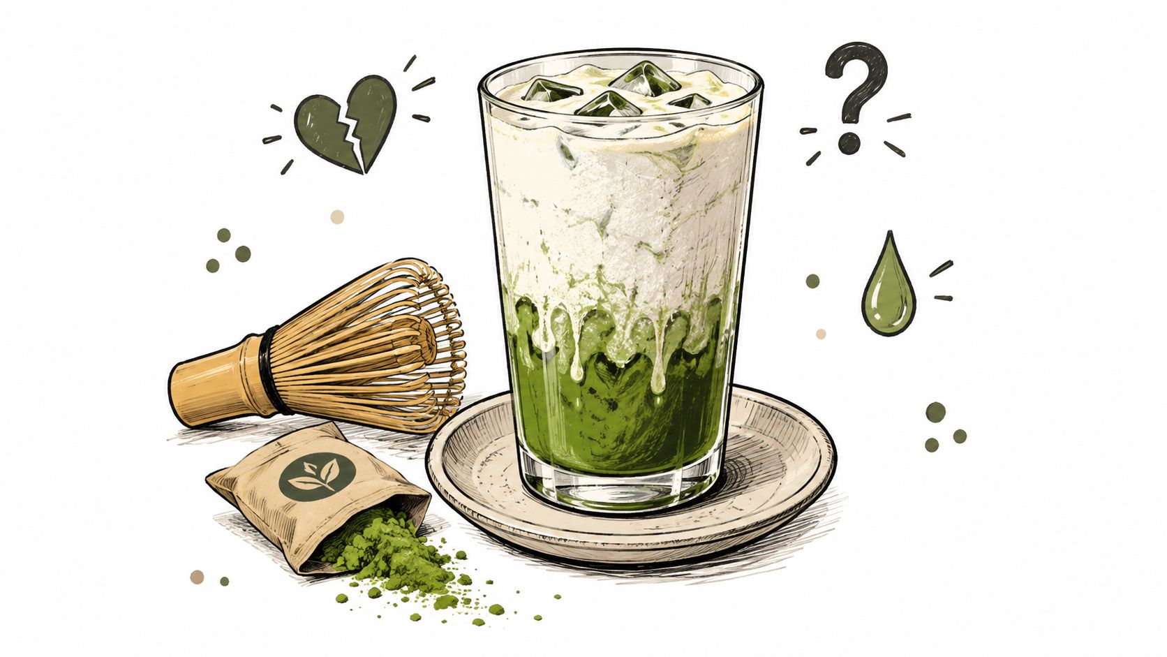 A hand-drawn illustration of an iced oat milk matcha latte with a bamboo whisk and matcha powder.