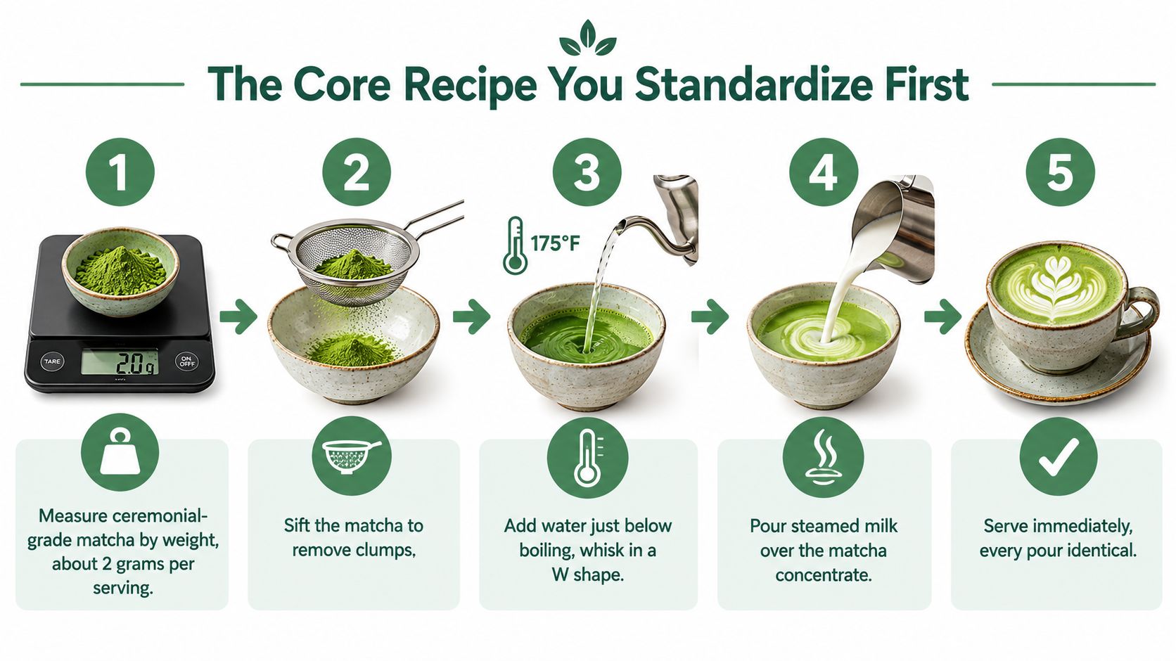 A step-by-step infographic showing how to prepare a standardized matcha latte with five simple steps.