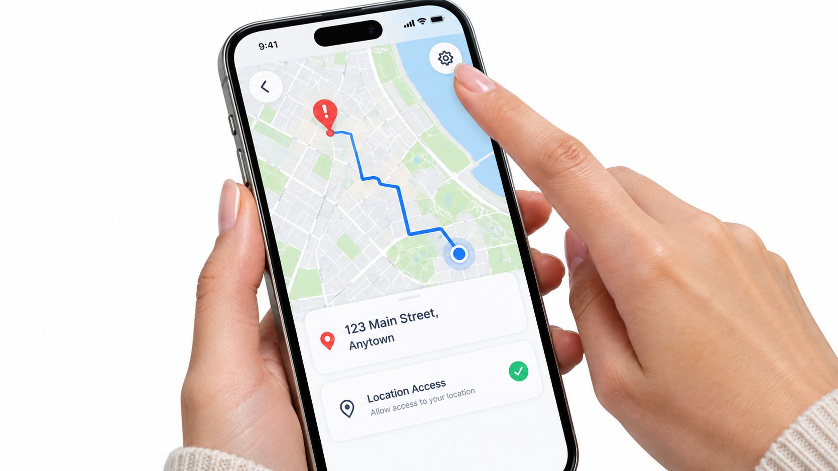 A person holding a smartphone displaying a navigation app with an emergency alert location marked on the map.