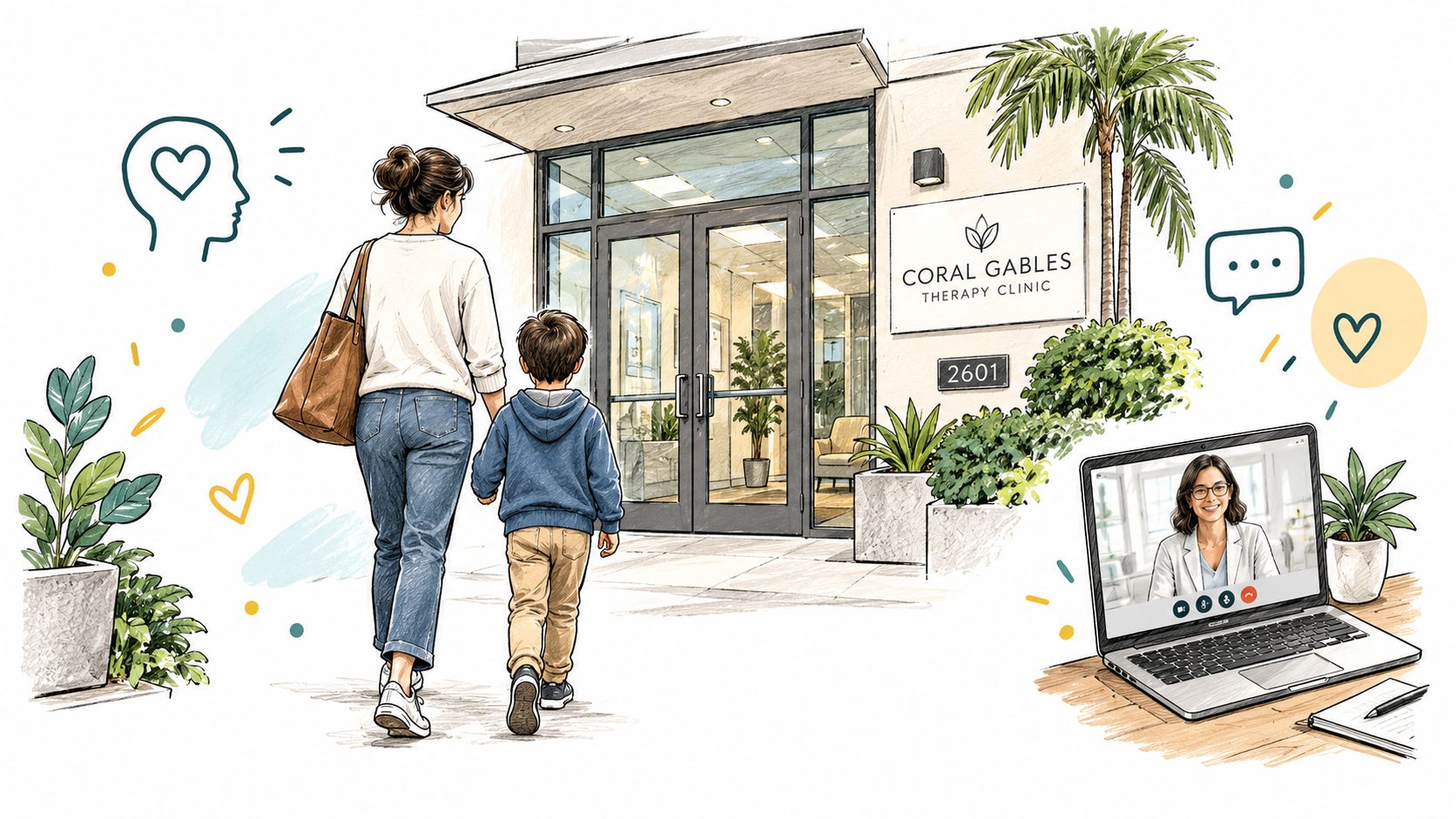 A mother and child walking into the Coral Gables Therapy Clinic while a virtual session takes place.