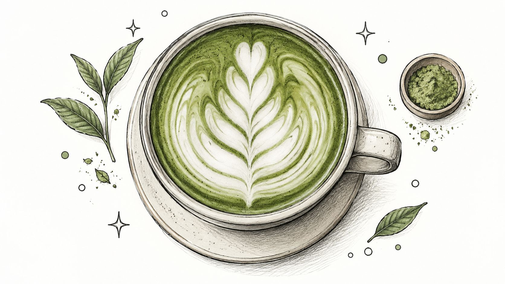 A hand-drawn illustration of a matcha latte with beautiful heart-shaped latte art, tea leaves, and matcha powder.