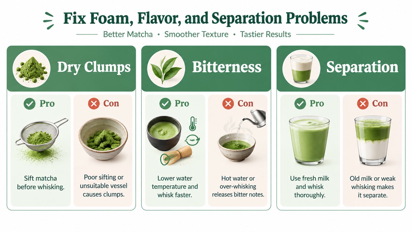 A helpful infographic guide showing how to fix common problems like clumps, bitterness, and separation in matcha.