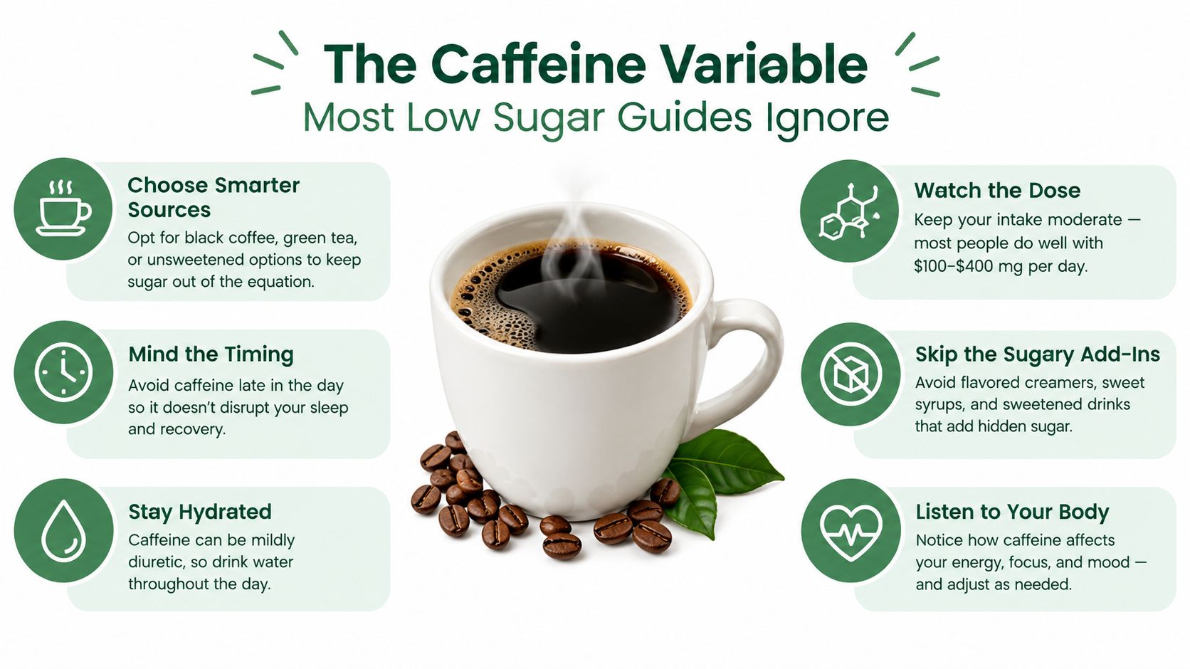 An infographic titled The Caffeine Variable providing tips on how to manage caffeine intake and reduce sugar.
