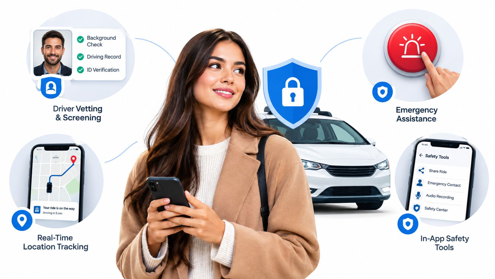 A woman holding a smartphone with infographics around her showcasing various safety features of a rideshare app.