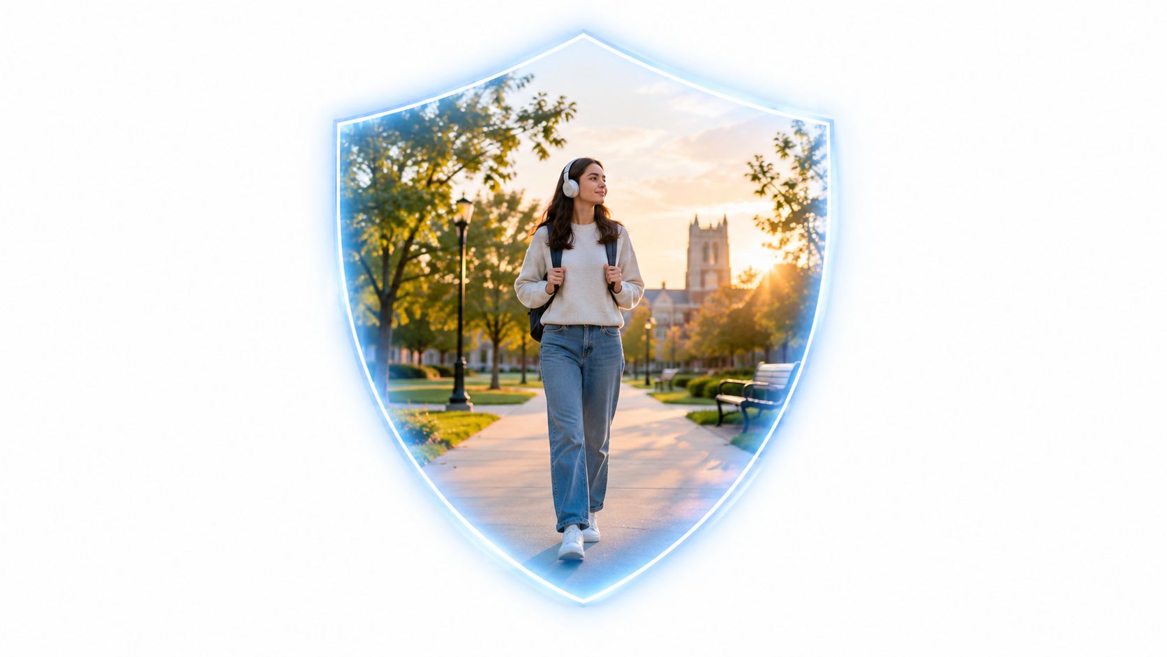 A female student wearing headphones walks through a scenic university campus inside a glowing digital shield.